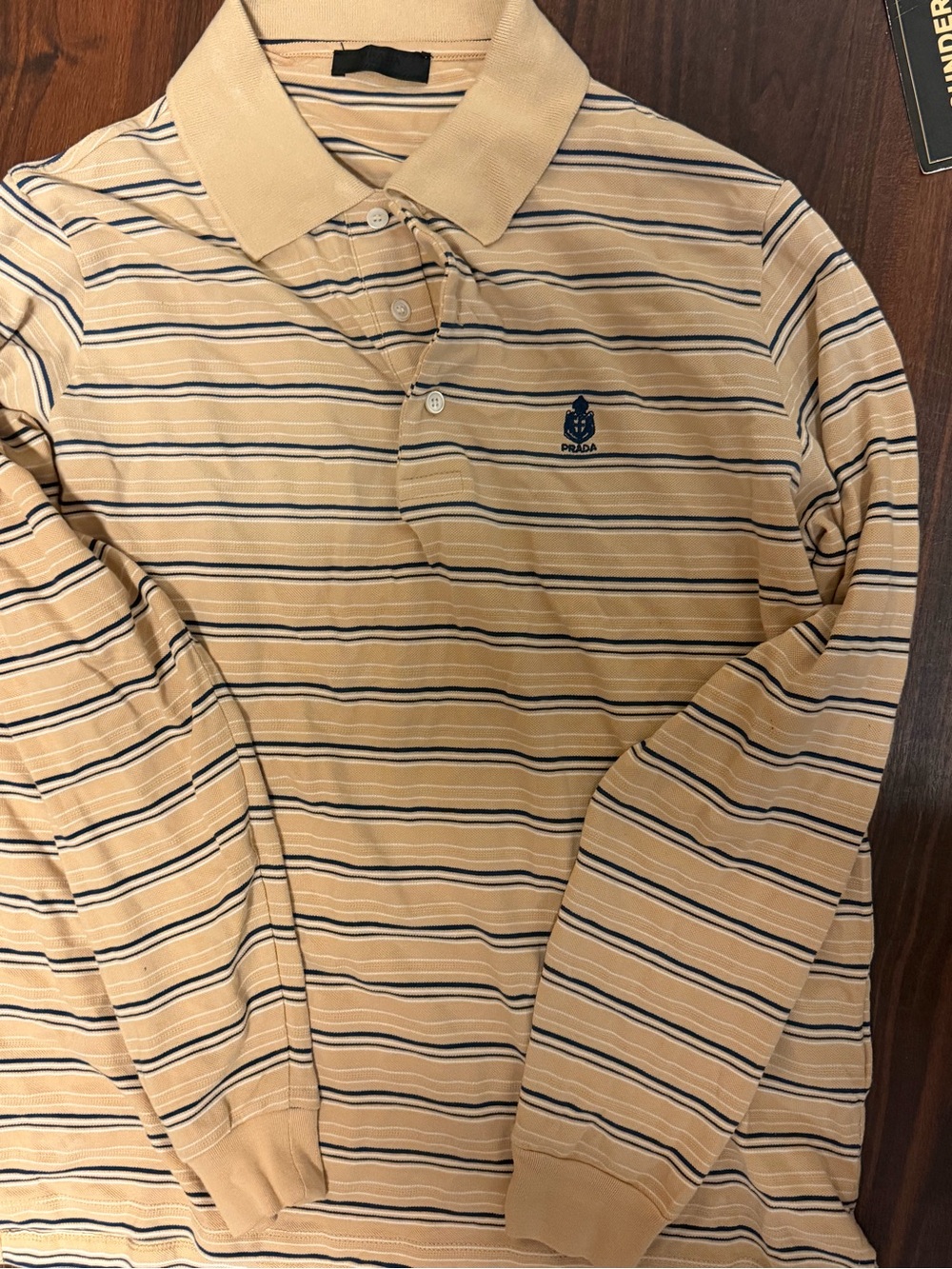 Prada Beige Striped Long-Sleeve Polo Shirt - Picture 4 of 6